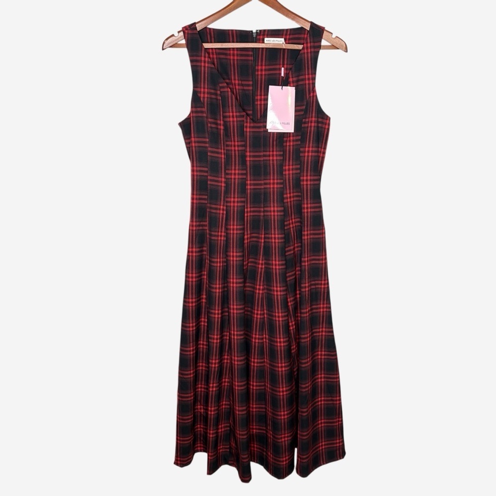 NWT Avec Les Filles Sleeveless Plaid Fit & Flare Midi Dress Size 10 Red Lined